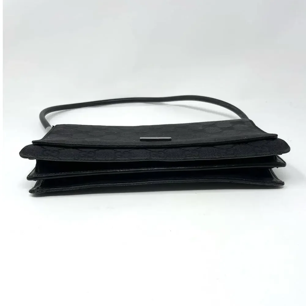 Gucci Vintage Monogram GG Flap Shoulder Bag Baguette Canvas Leather Black Silver - Picture 6 of 17